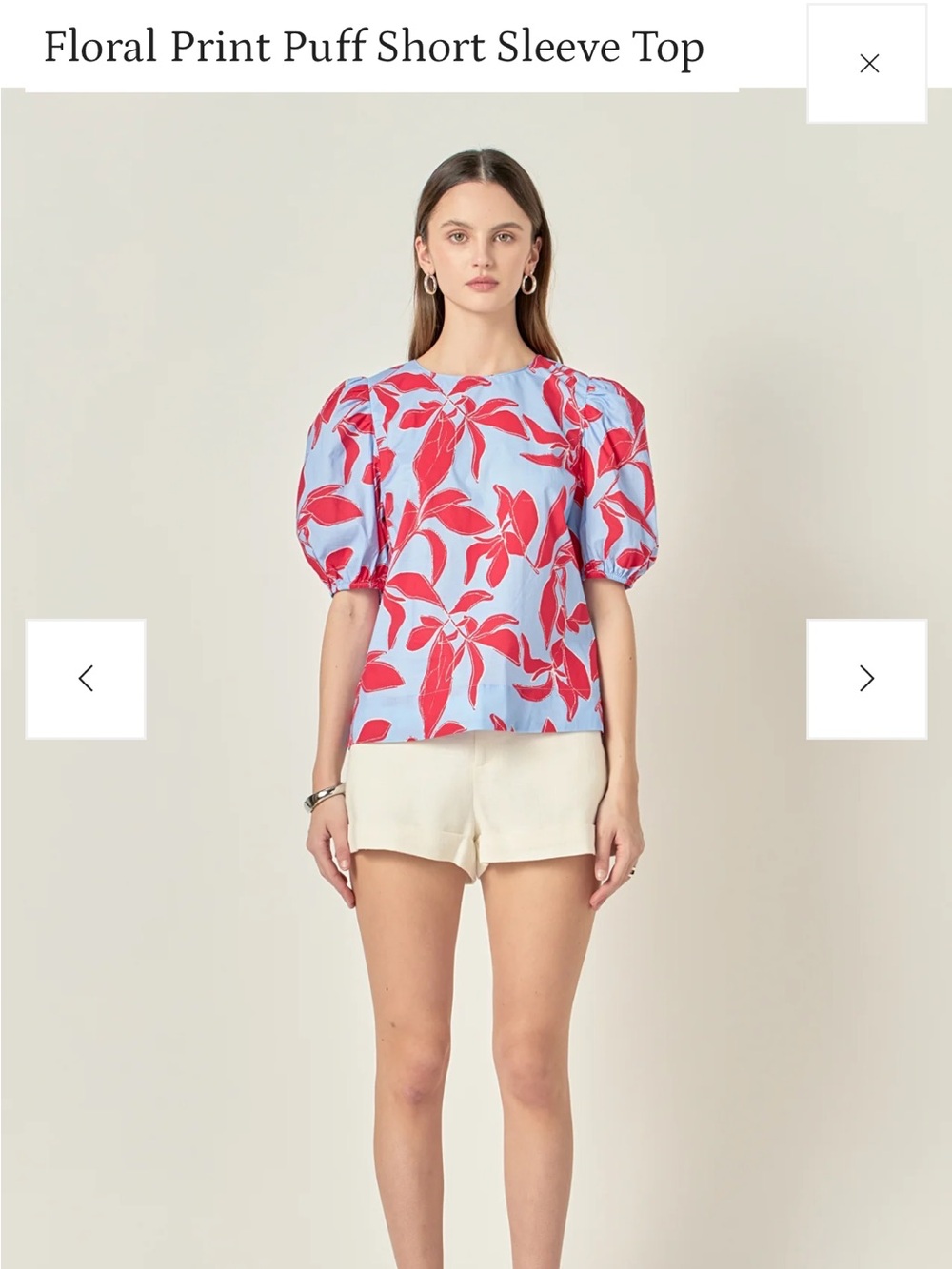 English Factory Blue Top with Red Floral Print and Puff Sleeves